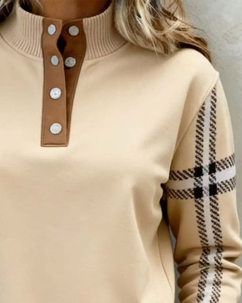 Sweat-shirt à col roulé avec boutons et rayures à manches longues