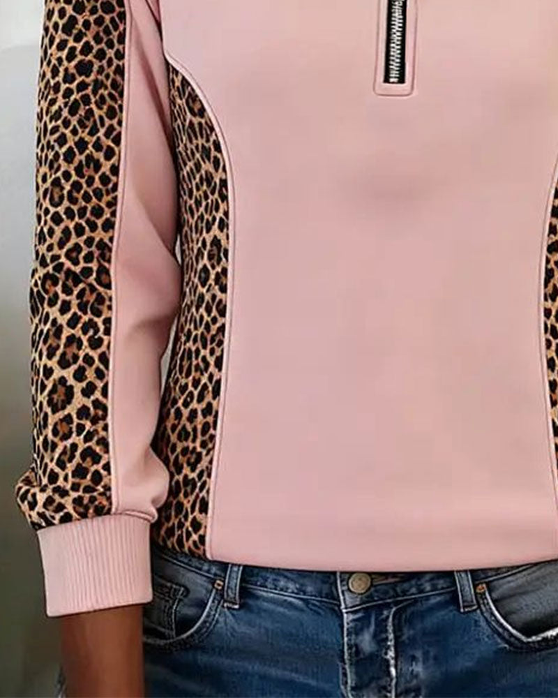 Sweat-shirt à col rabattu imprimé léopard à demi-fermeture éclair