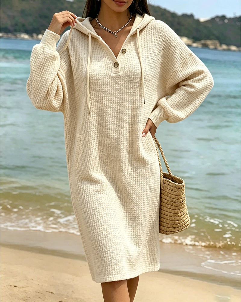 Robe Col V Bouton Poche Capuche Gaufre