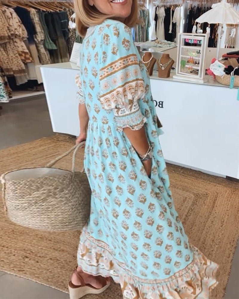 Isabella | Robe Midi à Imprimé Bohème avec Franges