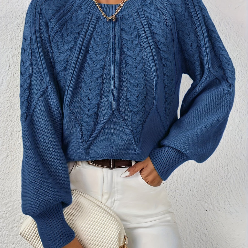 Pull en Tricot à Câbles pour Femme avec Col Rond et Manches Raglan