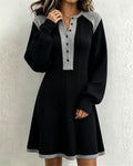 Robe Pull Contrastée à Col V Boutonnée
