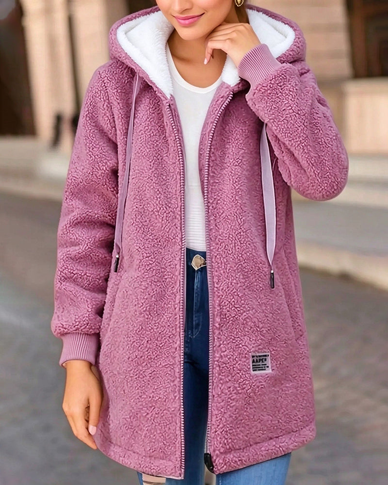 Manteau à Capuche avec Poche Zippée en Fleece Épaissi