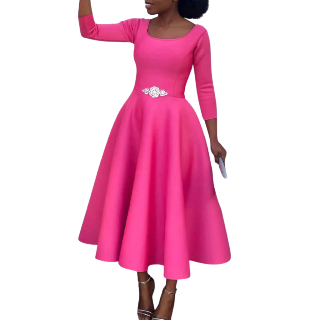 Robe de Soirée Midi Évasée à Manches 3/4 pour Invitée de Mariage