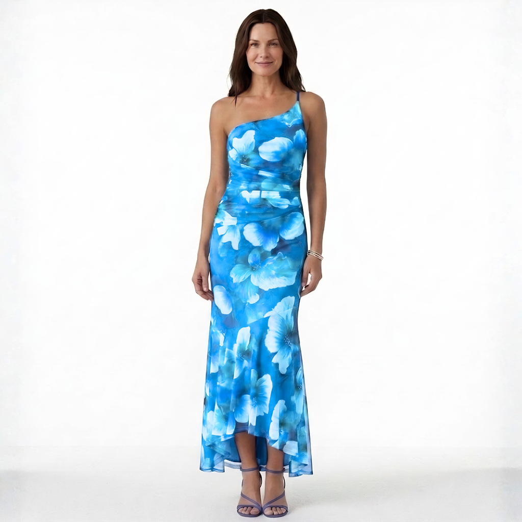 Robe Maxi Asymétrique à Imprimé Floral avec Fronces et Ourlet Queue de Poisson