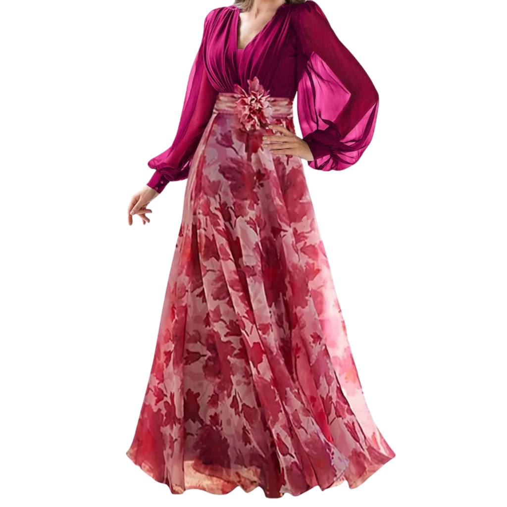 Robe de Soirée Wedding Guest Dress Fleurie avec Manches Ballons et Col en V
