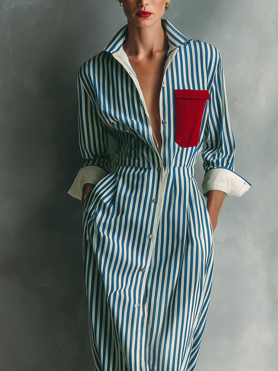 Robe chemise pour femmes en bleu et blanc avec poche poitrine rouge