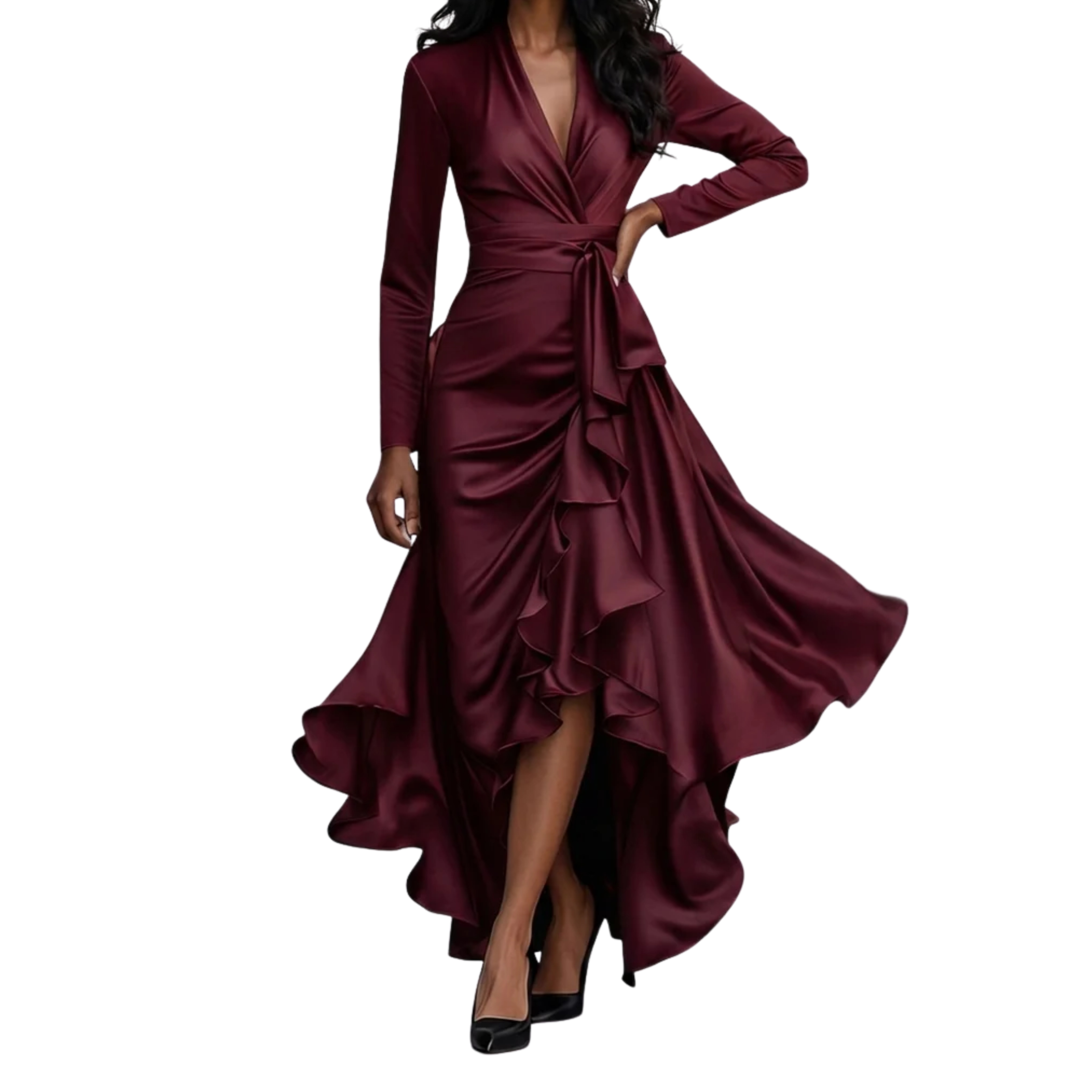 Robe de Cocktail Longue en Satin Design Cache-Cœur avec Jupe Cascade
