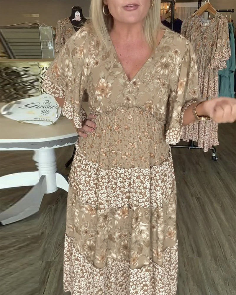 Robe Fleurie à Manches Lotus en V