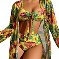 Ensemble Bikini 3 Pièces pour Femme avec Kimono Assorti et Motif Floral