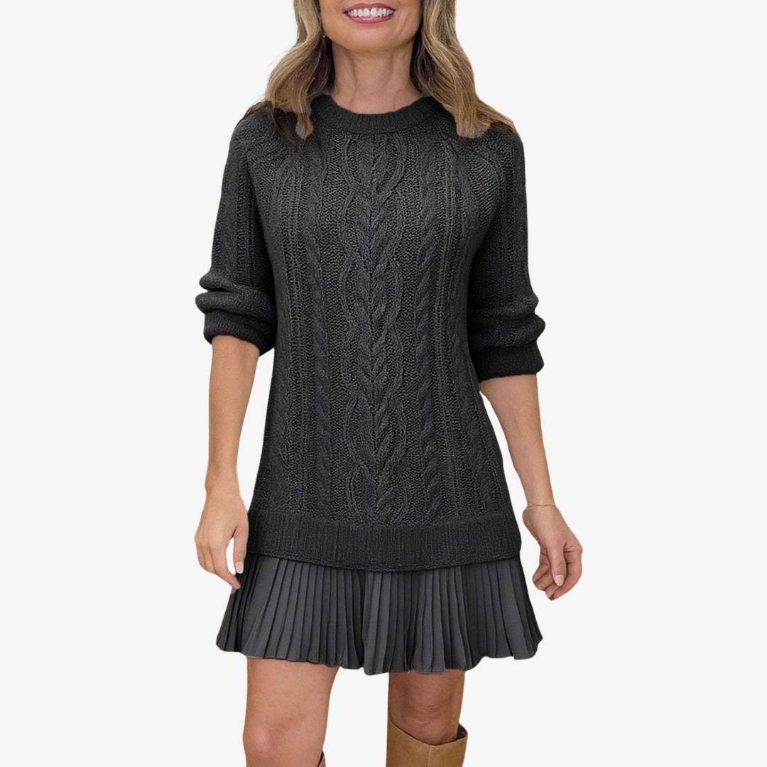 Robe Tricotée Femme avec Volant Plissé et Devant en Tricot à Cable