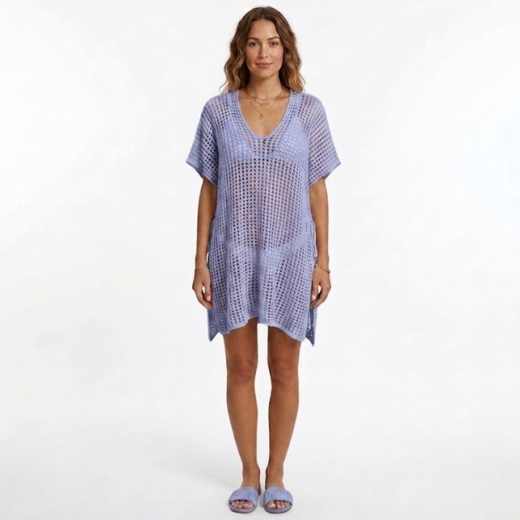 Tunique de Plage Women's Beach Cover Up en Maille Crochetée à Manches Courtes