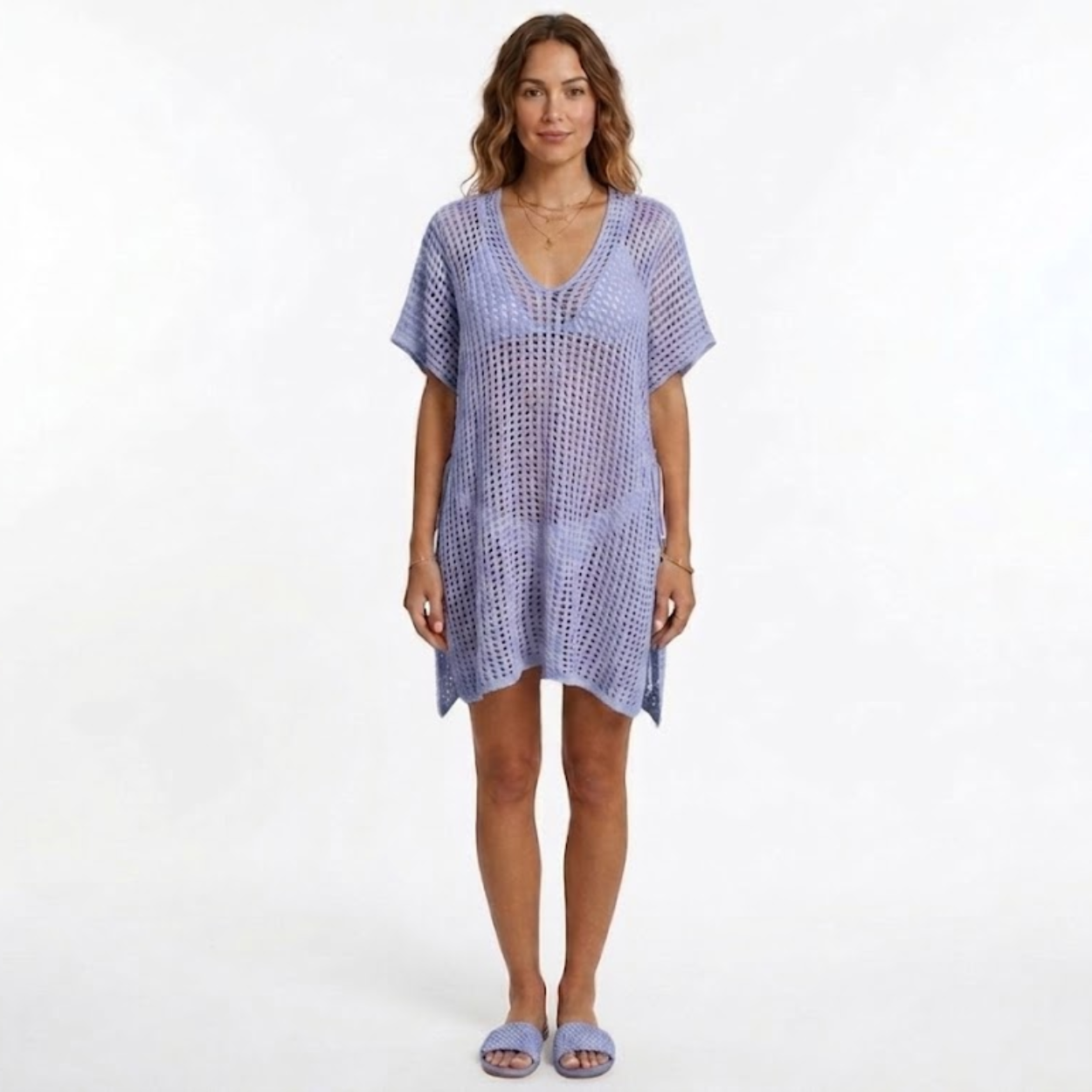 Tunique de Plage Women's Beach Cover Up en Maille Crochetée à Manches Courtes
