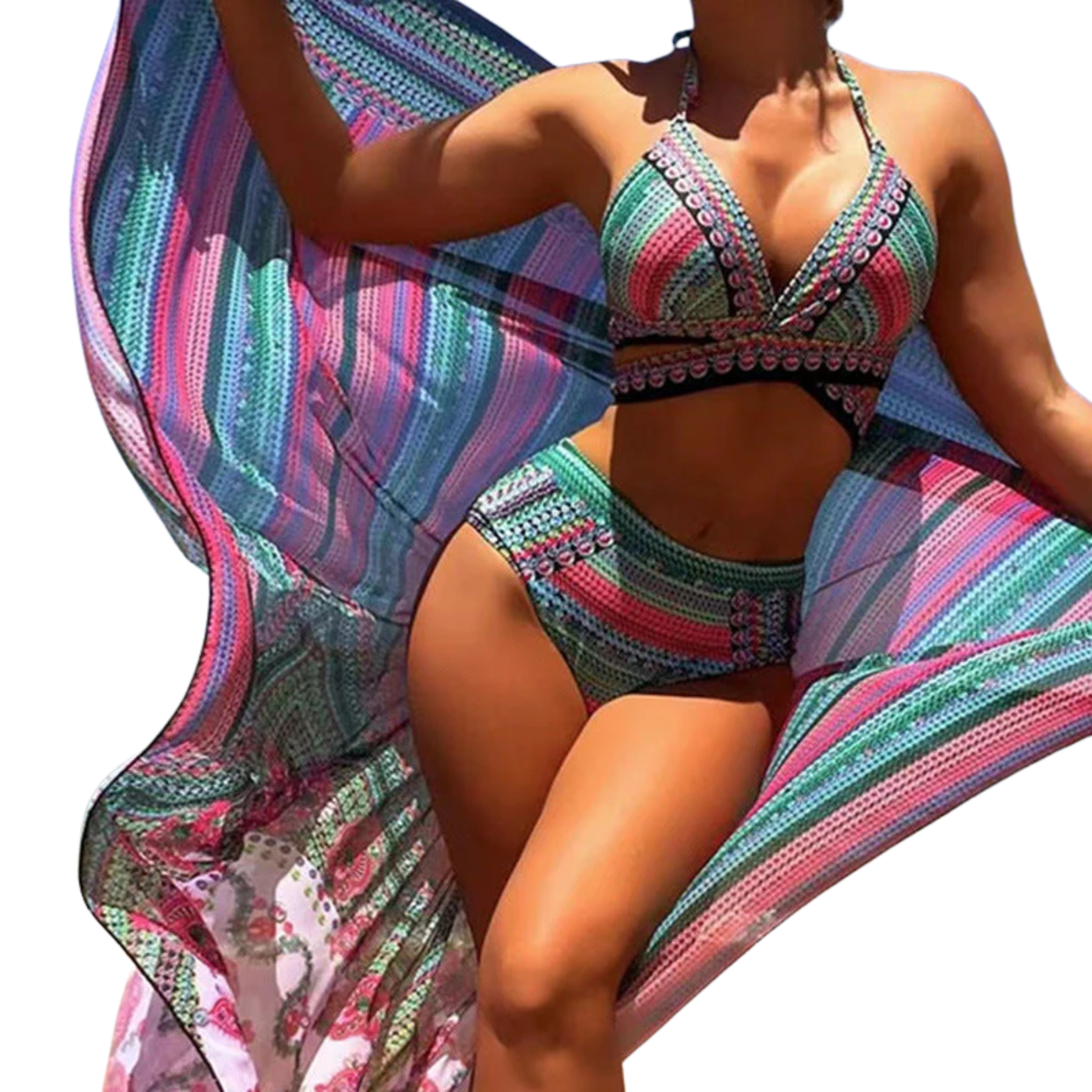 Ensemble de Bain 3 Pièces avec Culotte Taille Haute et Kimono de Plage