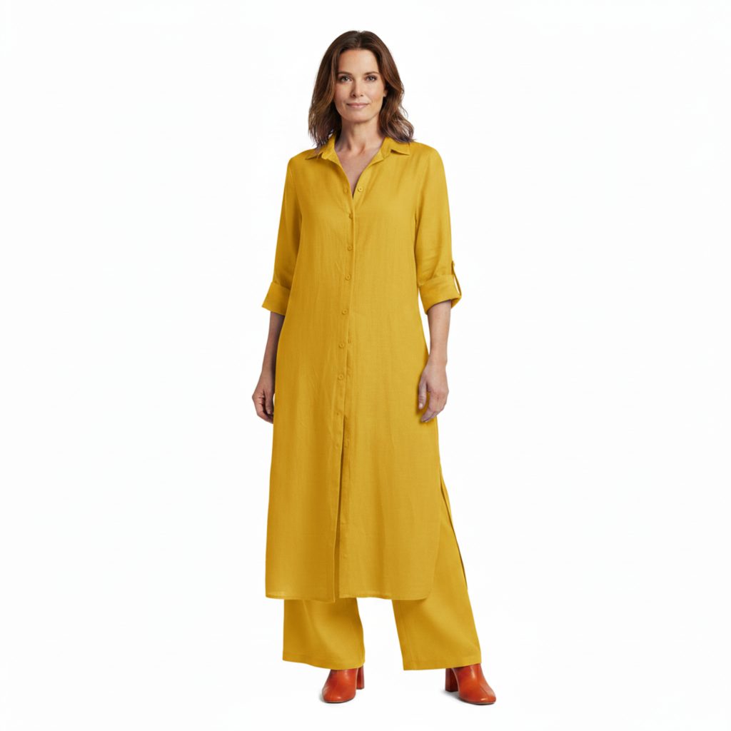 Ensemble Coordonné Chemise Longue à Boutons et Pantalon Large en Lin Mélangé
