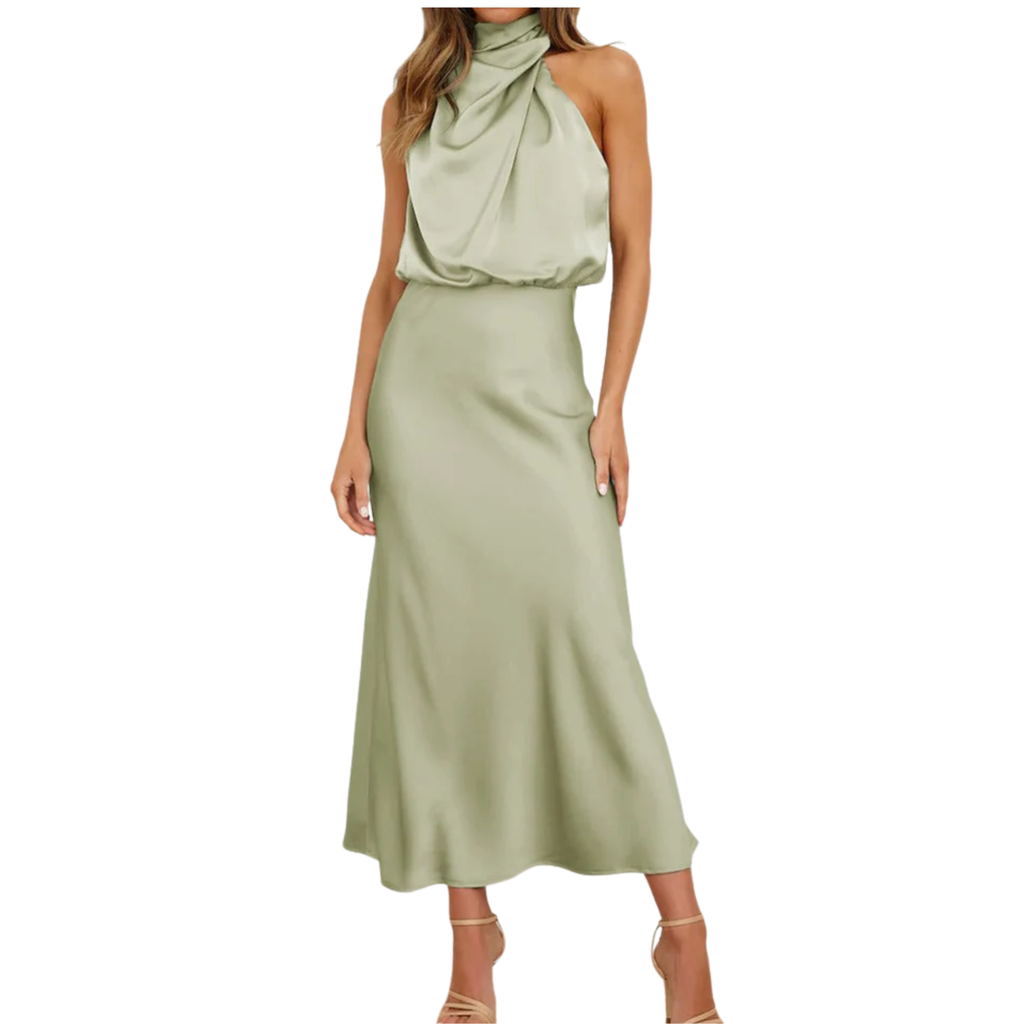 Robe Midi en Satin avec Col Drapé et Design à Dos Nu