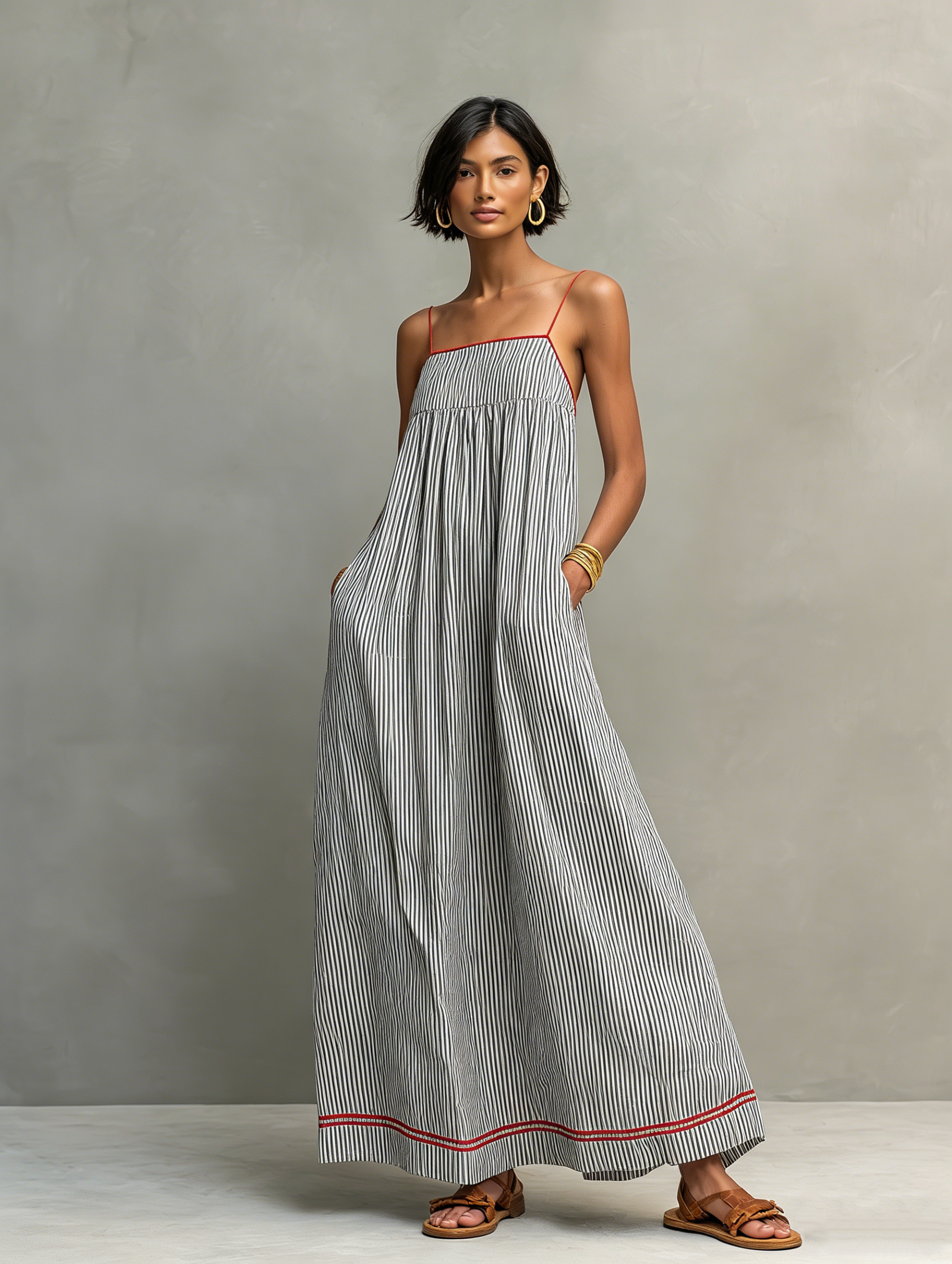 Robe maxi minimaliste à rayures pour femmes avec accents rouges et bretelles spaghetti