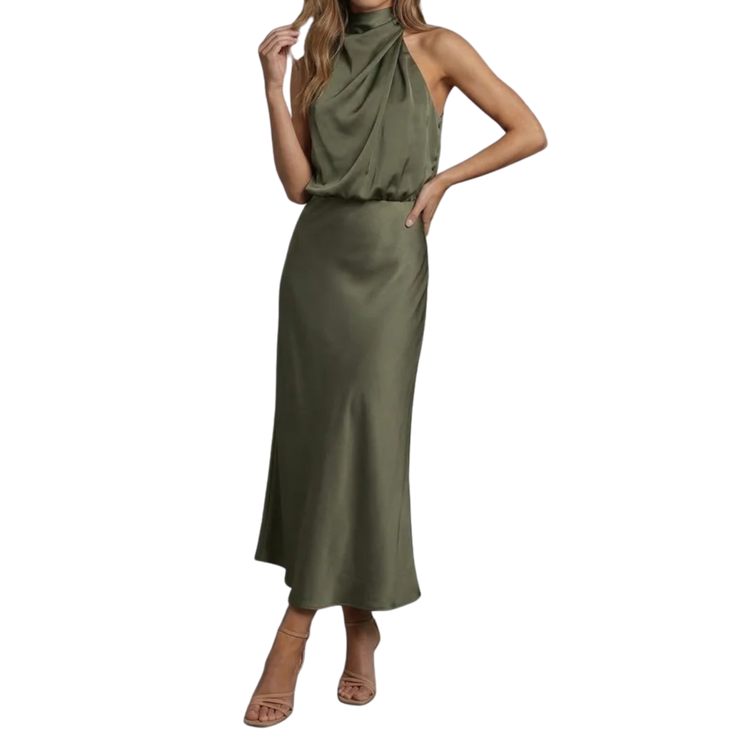 Robe de Soirée Wedding Guest Dress Satinée à Dos Nu et Encolure Américaine