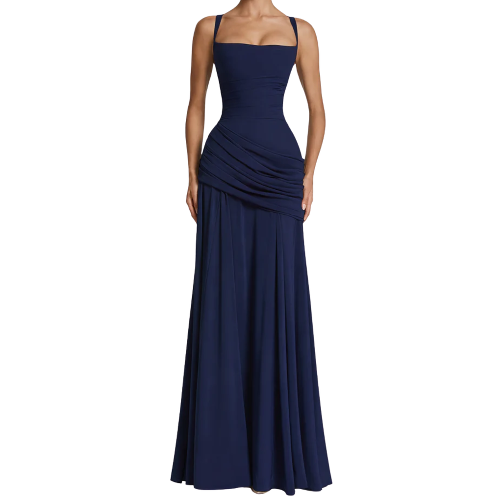 Robe Invitée de Mariage Longue à Col Carré et Taille Froncée pour Femme