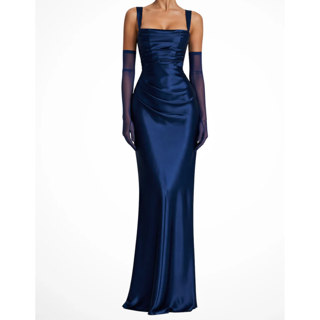 Robe Maxi Satinée à Encolure Carrée pour Invitée de Mariage avec Gants