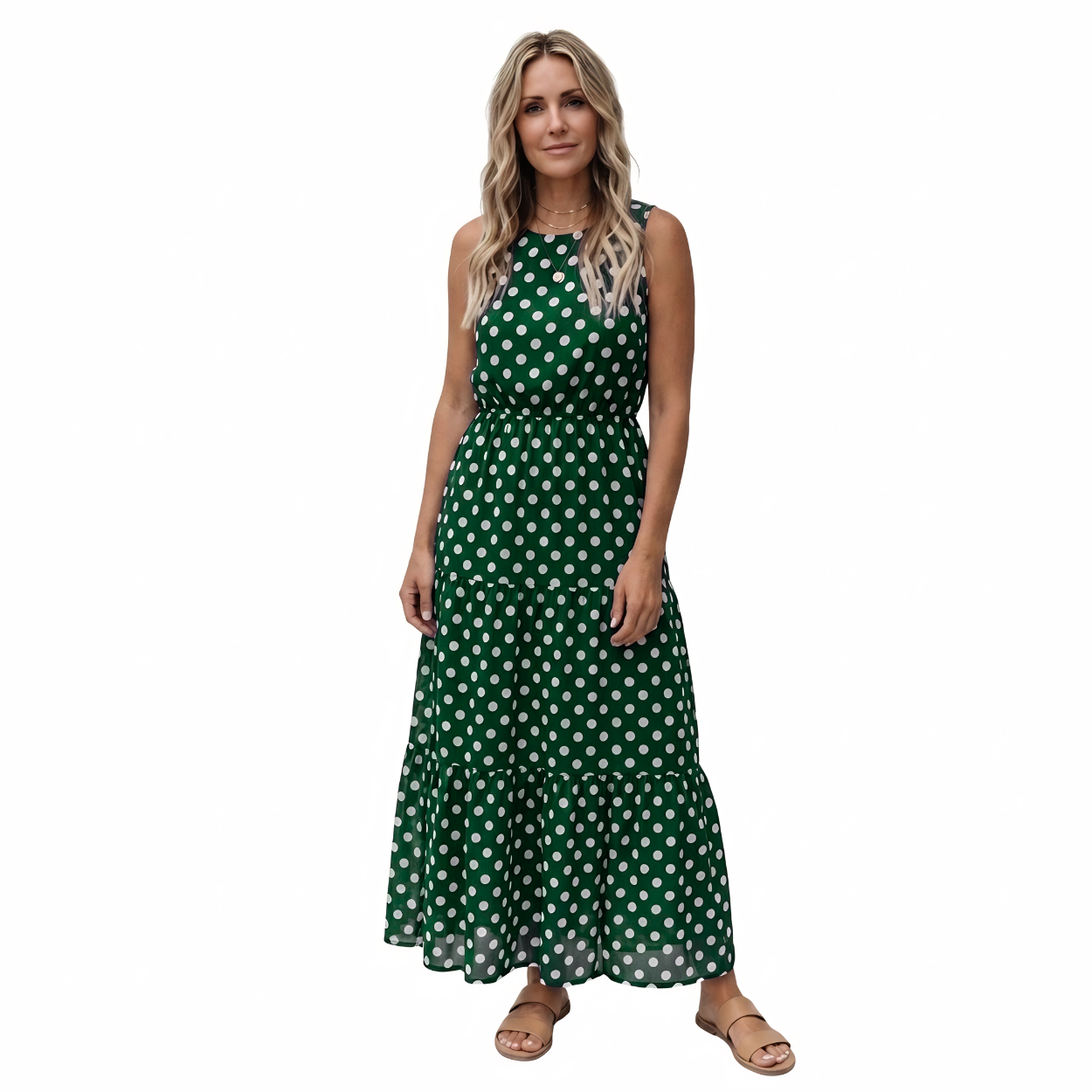 Robe à Pois sans Manches Coupe Midi Évasée et Col Rond pour Femme