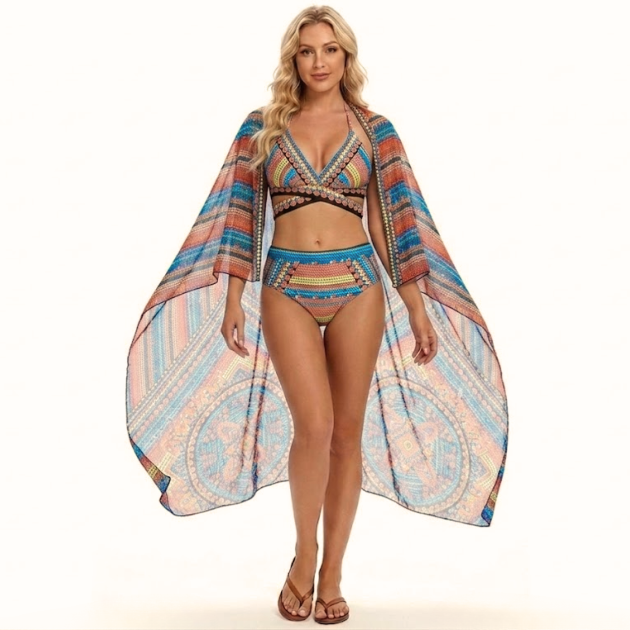 Bikini Taille Haute 3 Pièces avec Haut Triangle Halter et Kimono de Plage