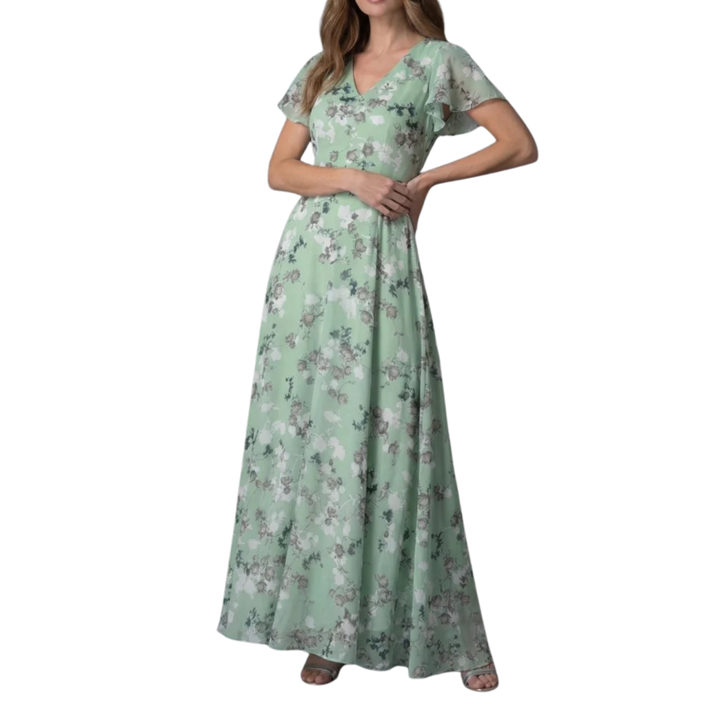 Robe de Soirée Invité de Mariage Longue en Mousseline à Manches Papillon