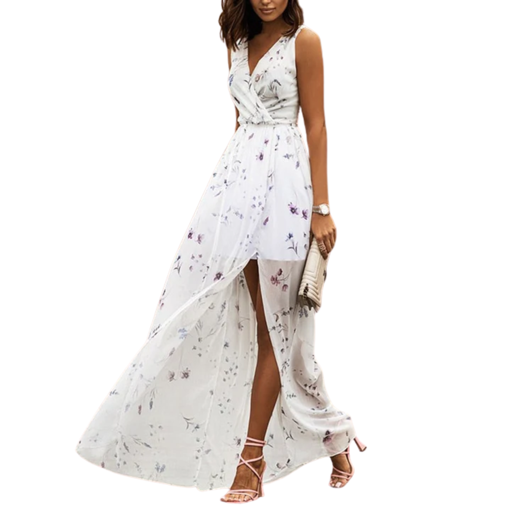 Robe Maxi Fleurie à Décolleté en V et Fente Latérale pour Femme