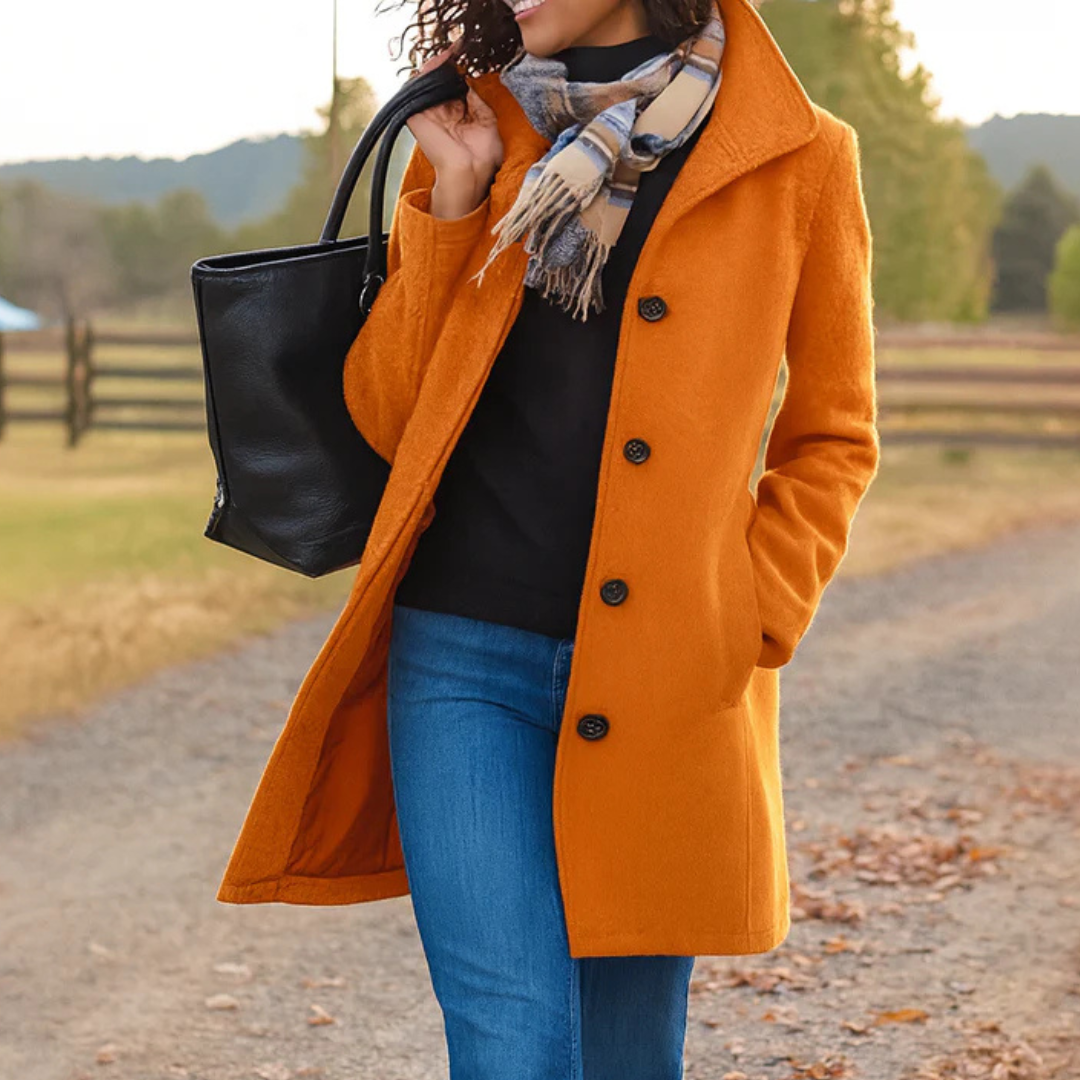 Manteau long femme boutonné à col montant élégant