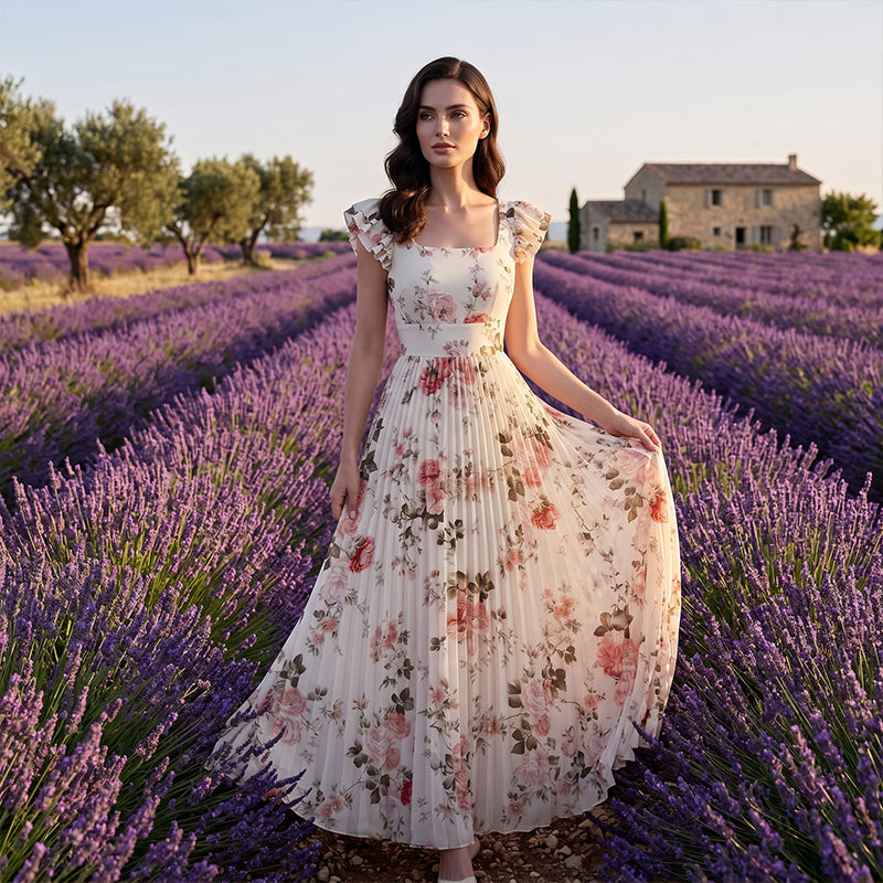 Elvinna | Robe maxi florale avec volants plissés