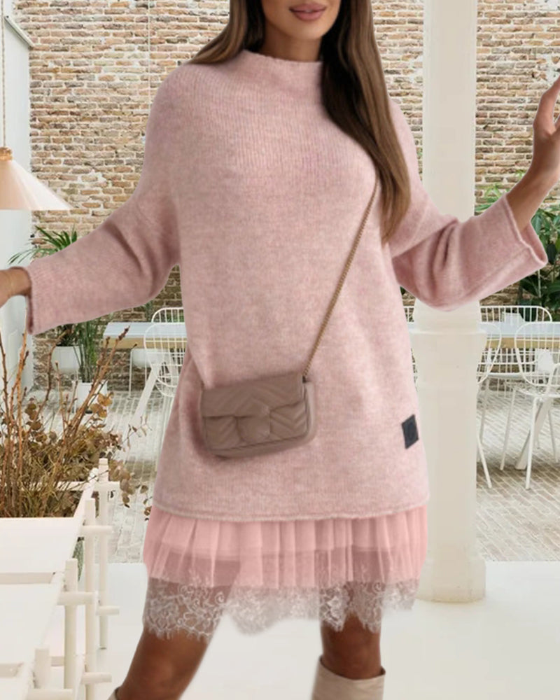 Ensemble de robe en maille à col haut de couleur unie décontractée