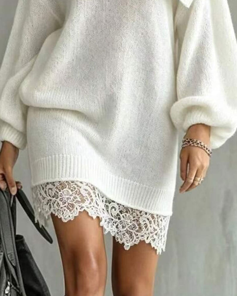 Robe Pull Encolure Oblique Manche Lanterne Patchwork Dentelle
