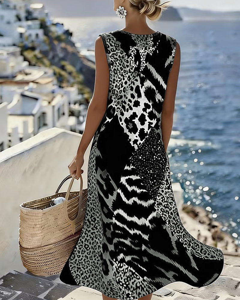Robe longue sans manches à imprimé léopard en patchwork