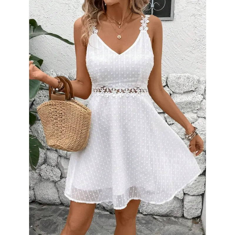 Robe mini femme à bretelles dentelle et pois plumetis