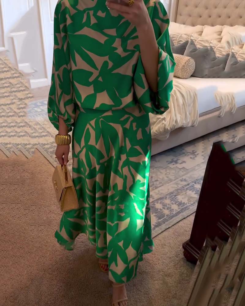 Ensemble de Robe Décontractée à Manches Lanternes Imprimées