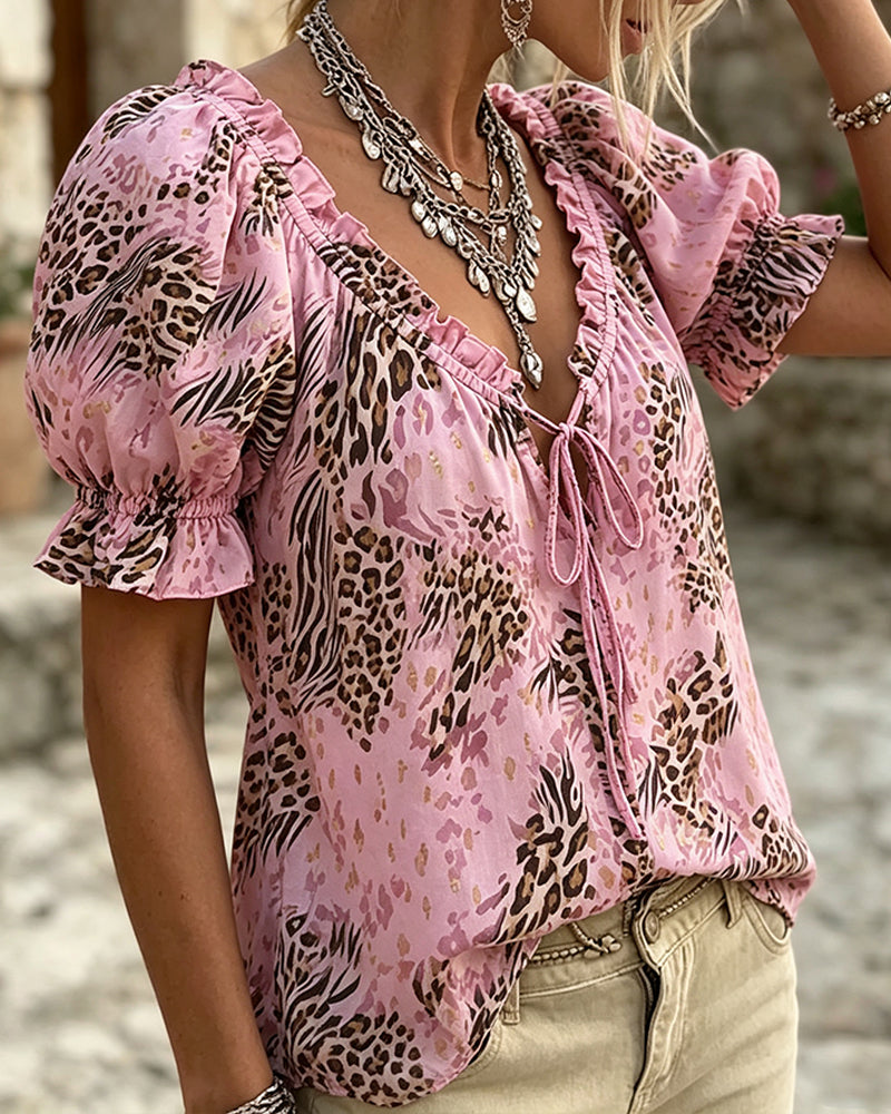 Chemisier Imprimé Léopard Manches Bouffantes Lacets