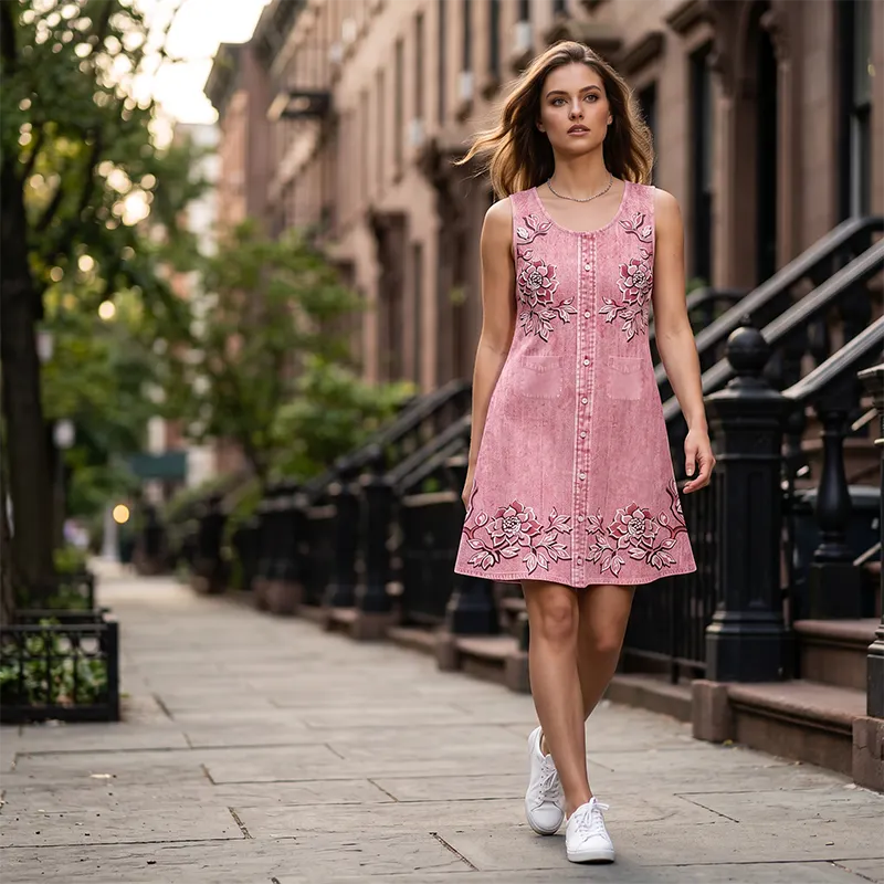 Robe femme sans manches florale avec boutons devant