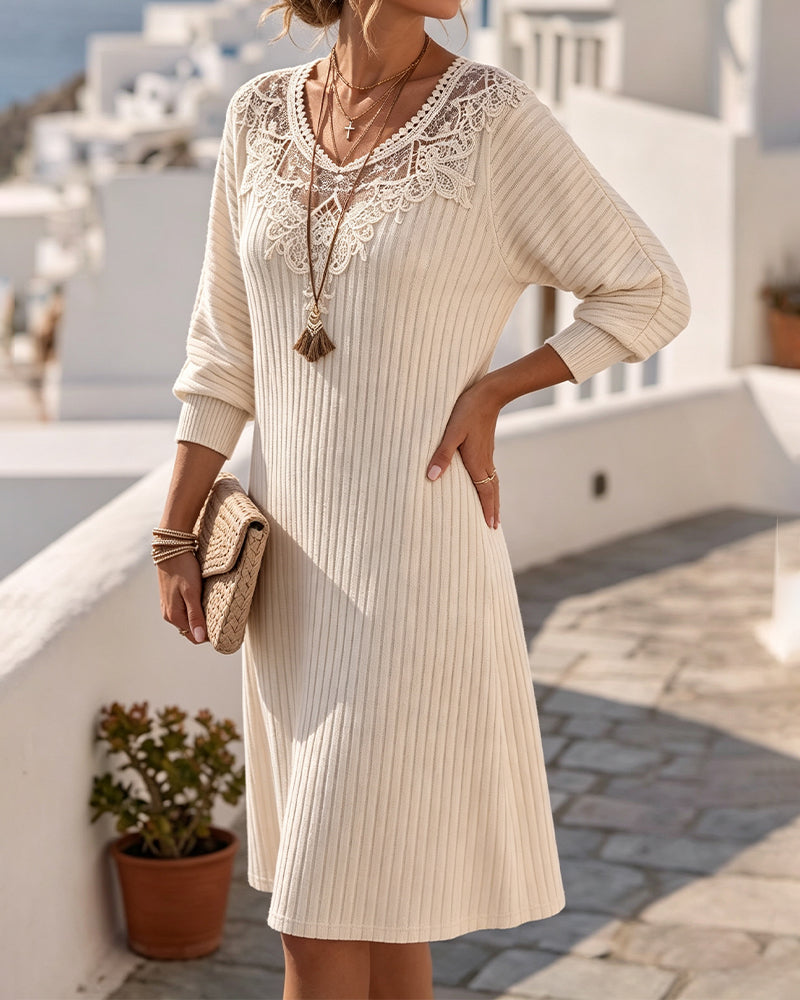 Robe Côtes Col Rond Dentelle Patchwork