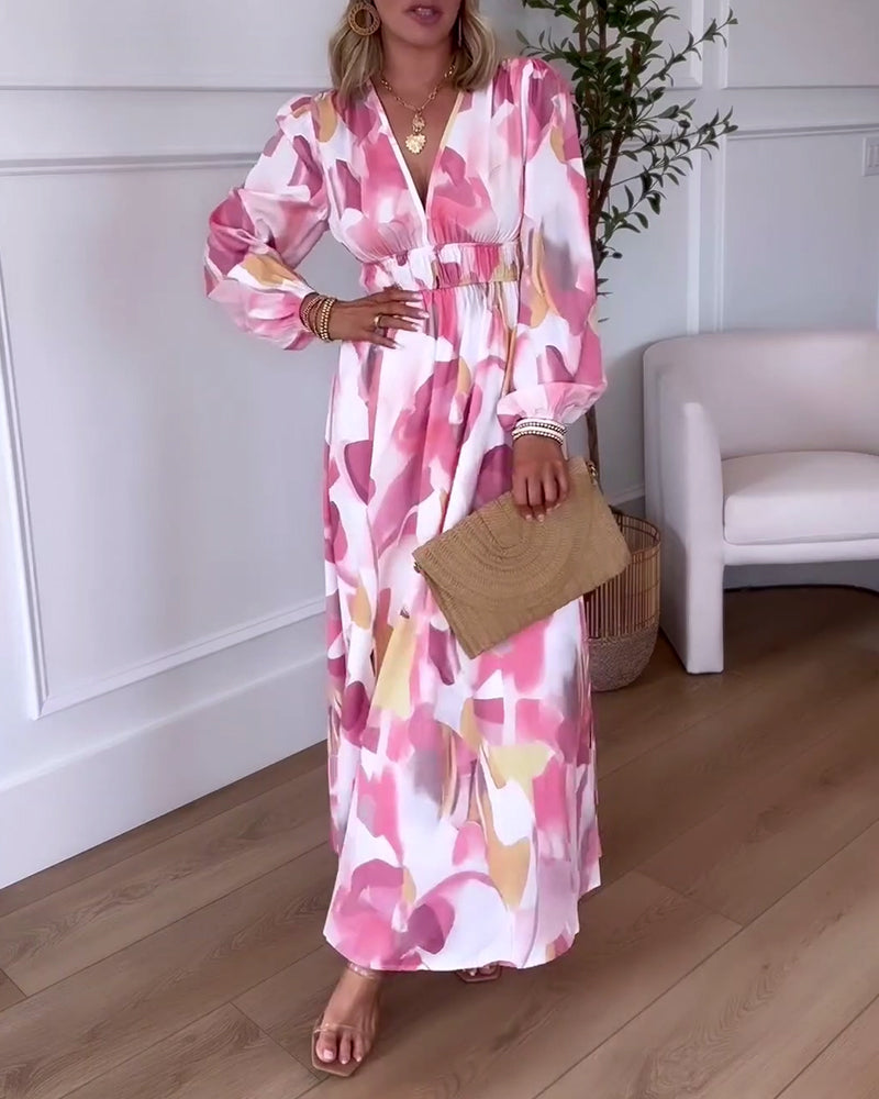 Robe maxi élégante à manches longues et décolleté en V imprimée