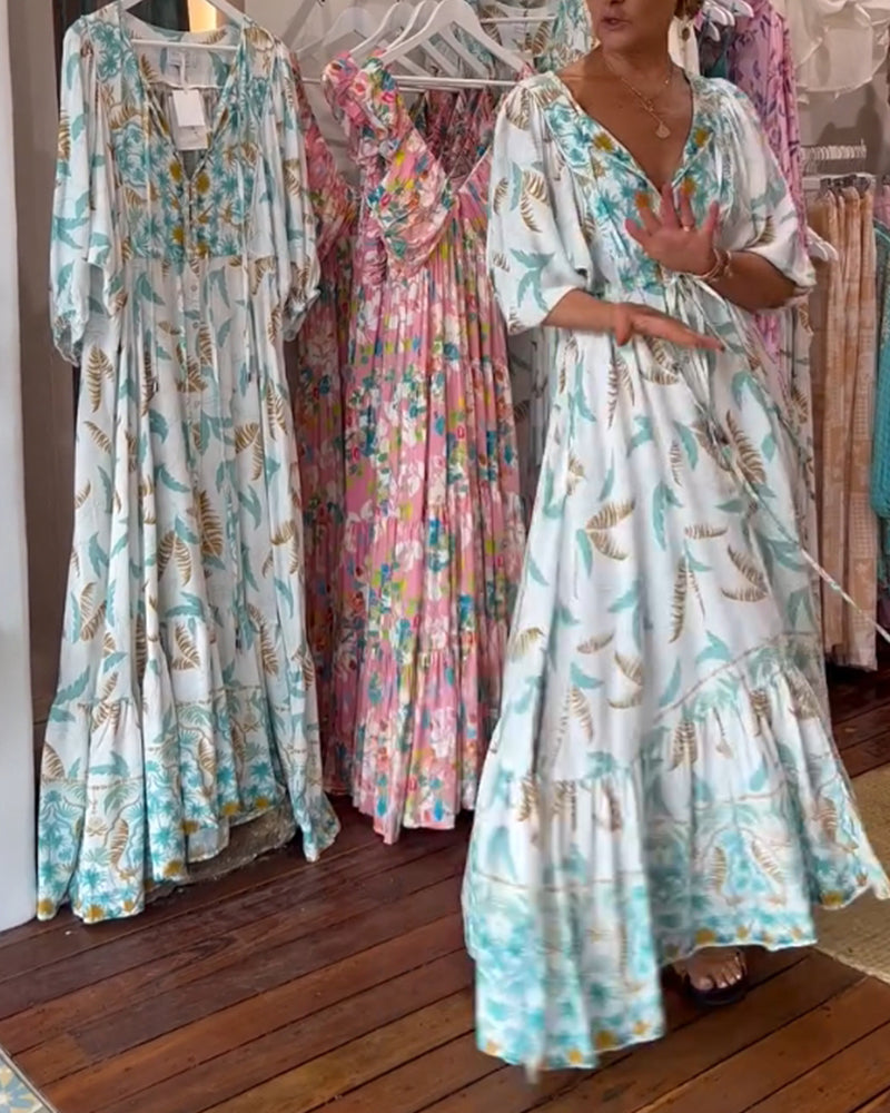 Robe maxi à imprimé feuilles avec décolleté en V pour femmes