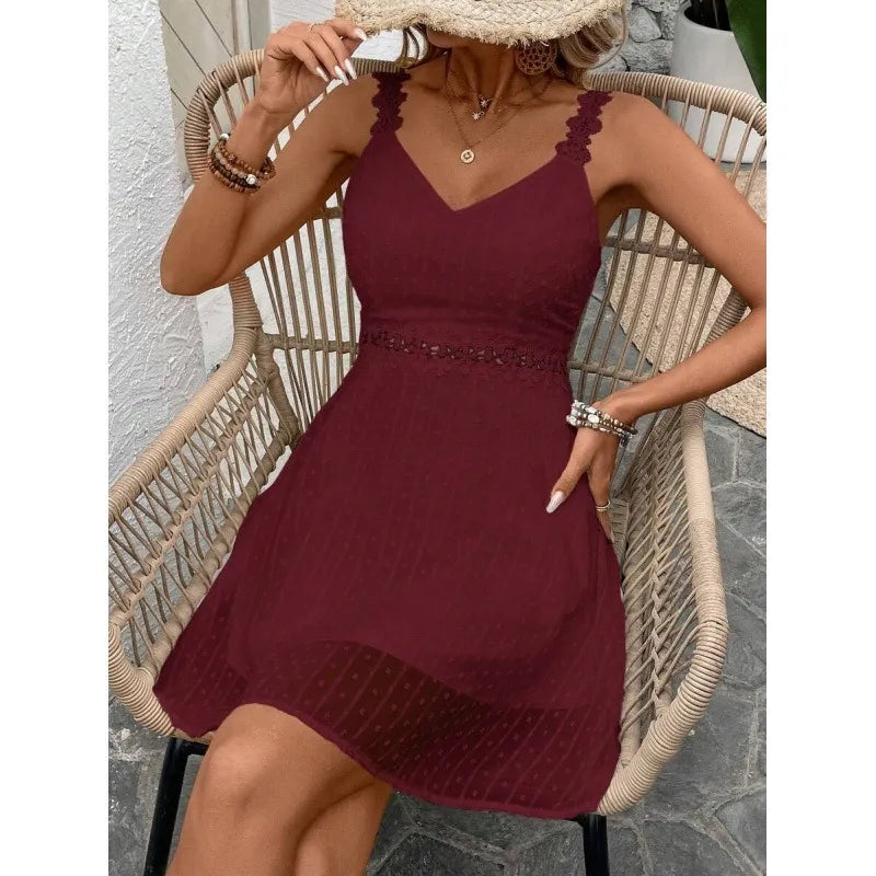Robe mini femme à bretelles dentelle et pois plumetis