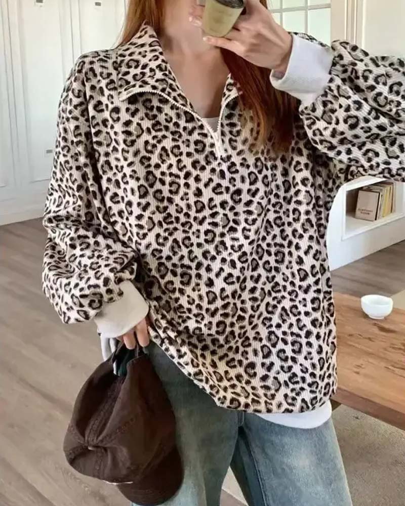 Sweatshirt Fermeture Éclair Léopard Décontracté