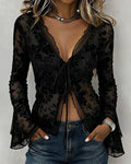 Blouse Col En V Fente Dentelle Panneau Cordon De Serrage