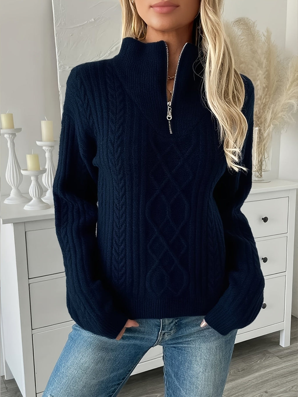 Joanne - Pull élégant en tricot à torsades avec demi-zip