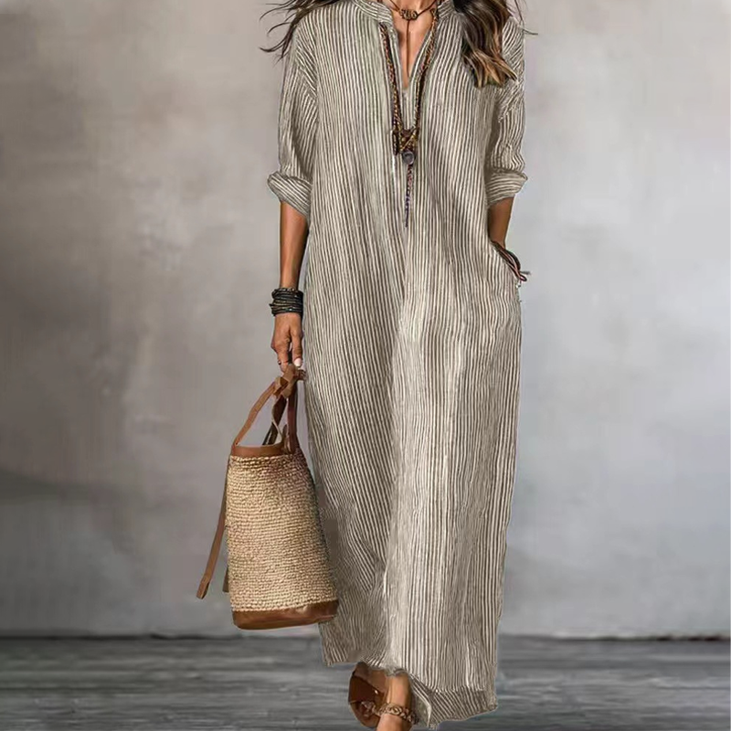 Robe maxi femme rayée avec col V et manches longues