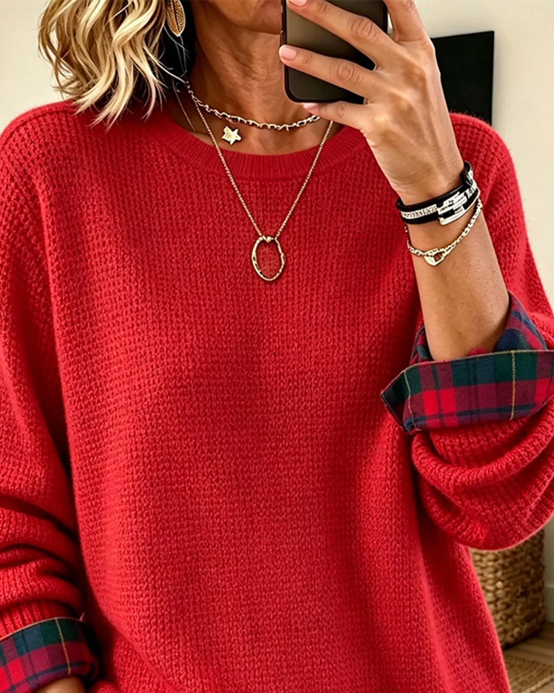 Pull Col Rond Carreau Patchwork Fausse Deux Pièces