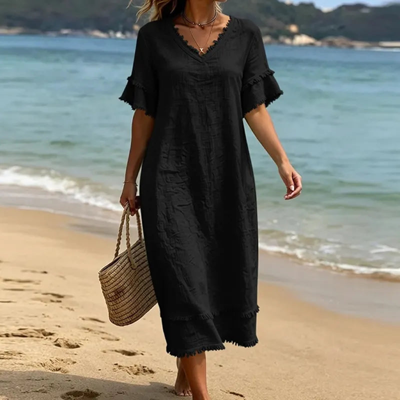 Robe femme bohème col V avec franges et coupe fluide