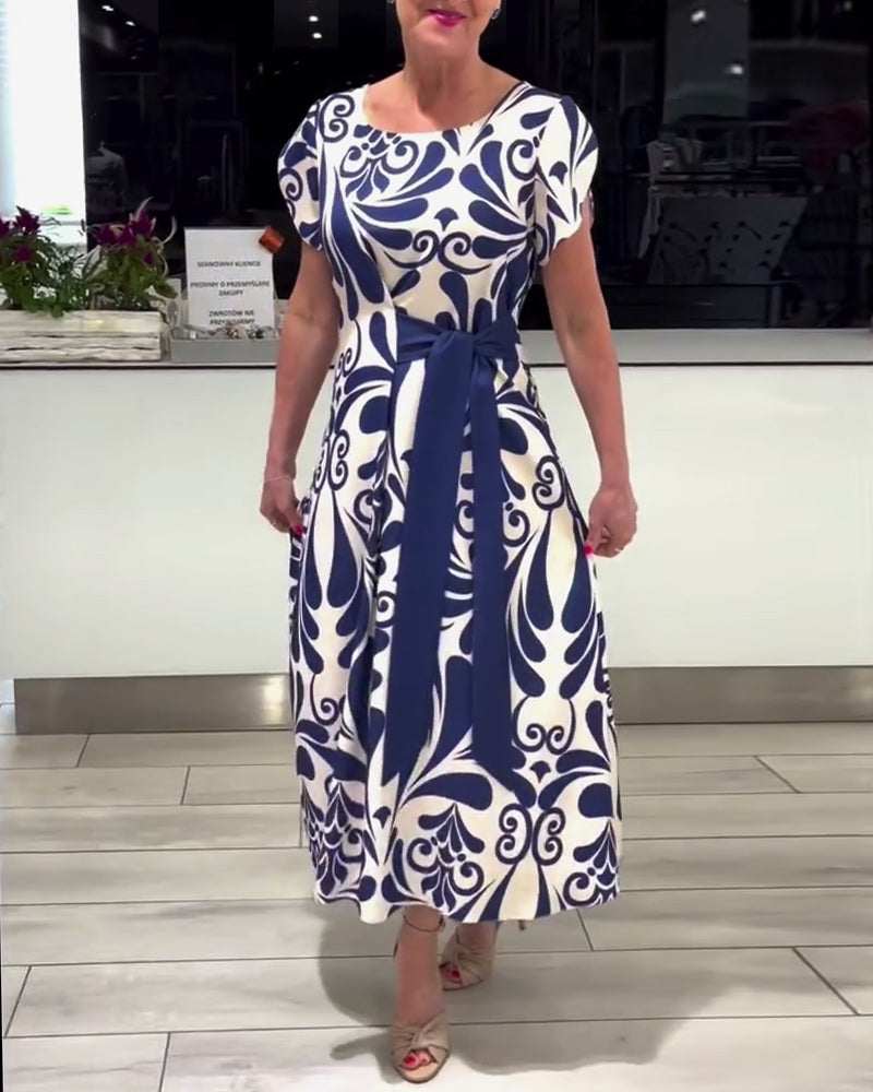 Robe élégante à imprimé contrasté à manches courtes