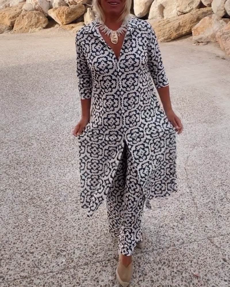 Mosa | Ensemble imprimé pour femmes, chemise longue et pantalon droit