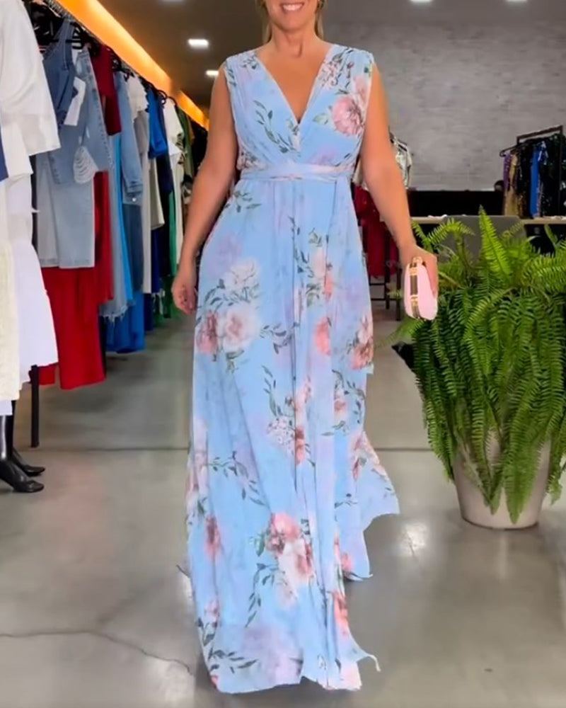 Robe élégante sans manches à imprimé floral en V